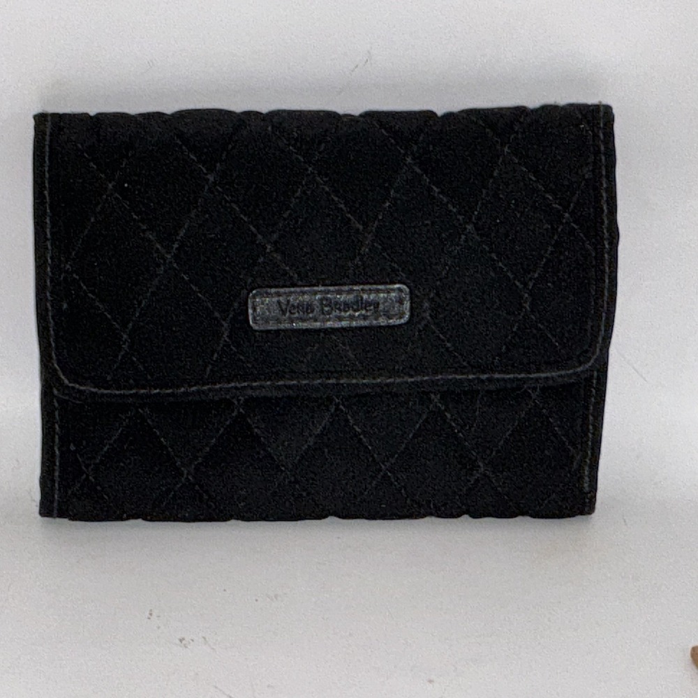 Vera Bradley Black Quilted Tri-fold Wallet W/snap 6" X 4" Closed 10" X 4" Open